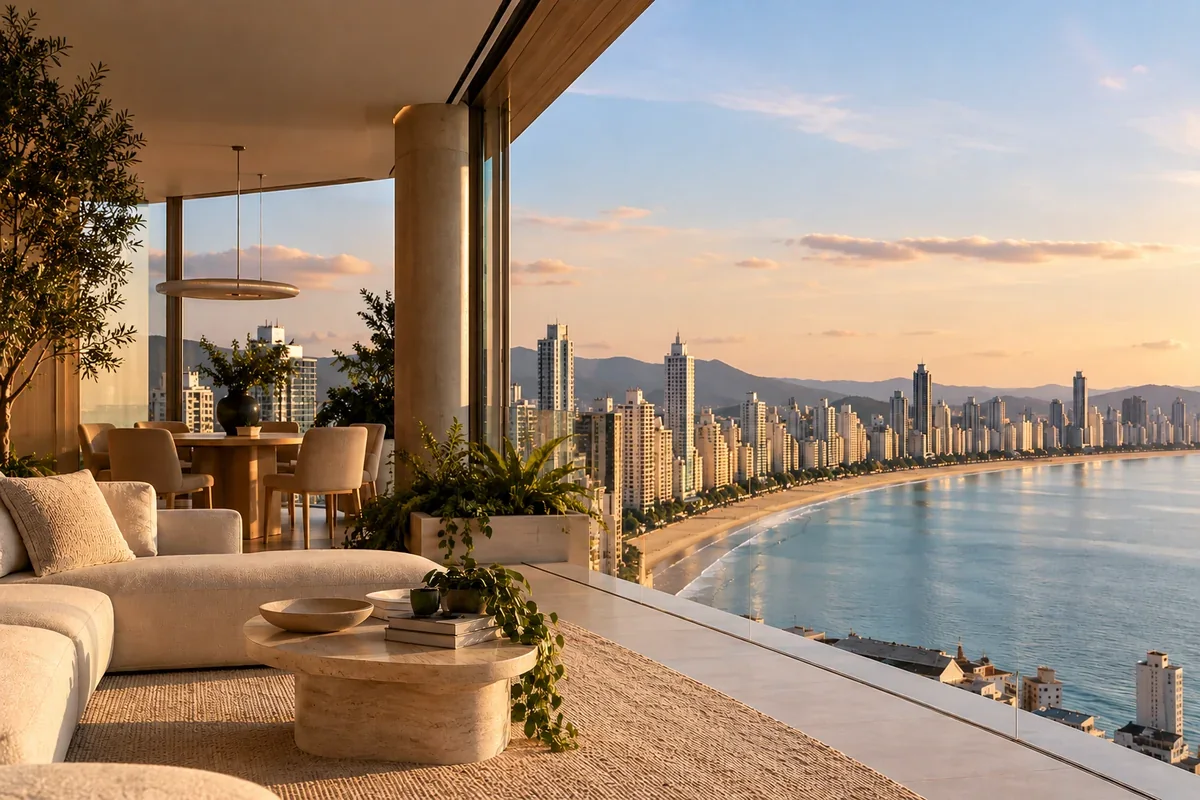 Sala com grandes aberturas e vista para a orla de Balneário Camboriú