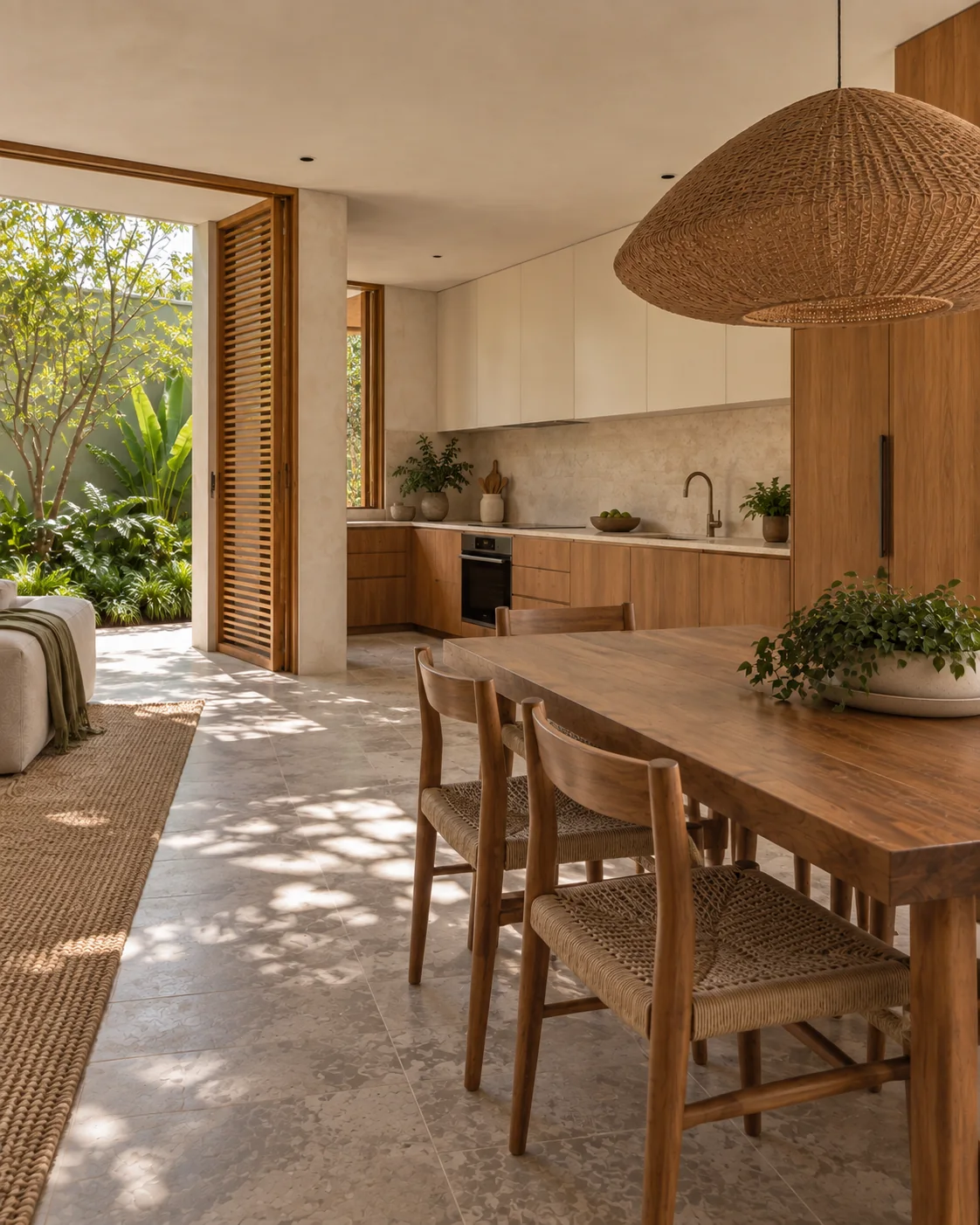 Sala de jantar com pendente e luz natural junto à vegetação