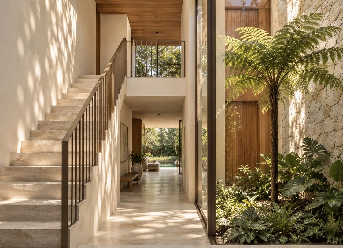 Escada e corredor com luz natural e vegetação junto à parede