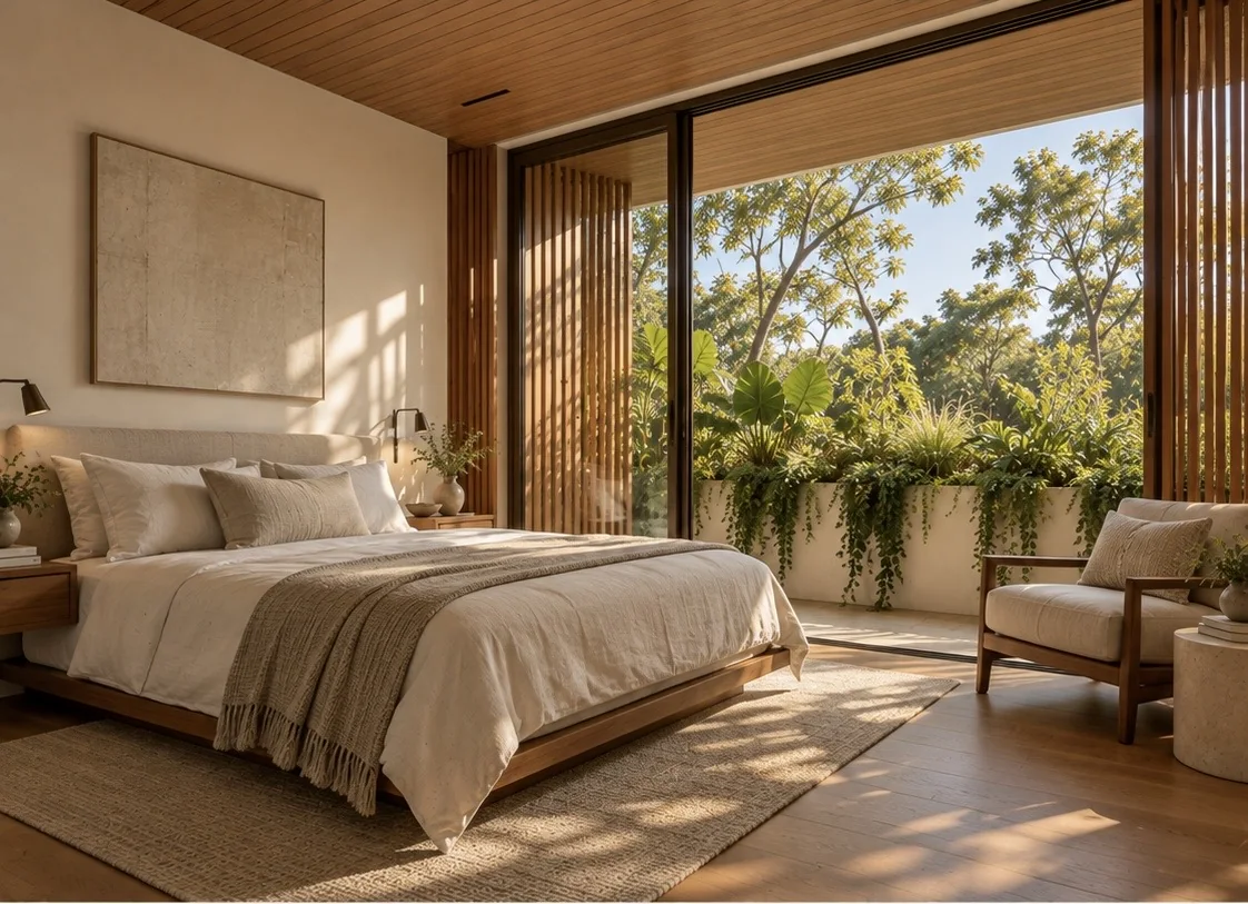 Quarto com portas abertas para o jardim e luz natural sobre a cama