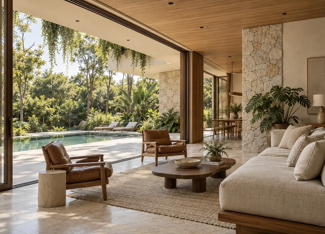 Sala de estar com sofá, poltronas e vista para a piscina e o jardim