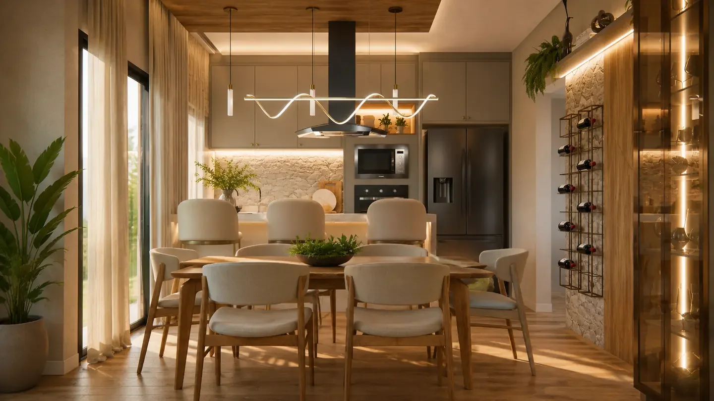 Sala de jantar com mesa, cadeiras, iluminação pendente e vegetação