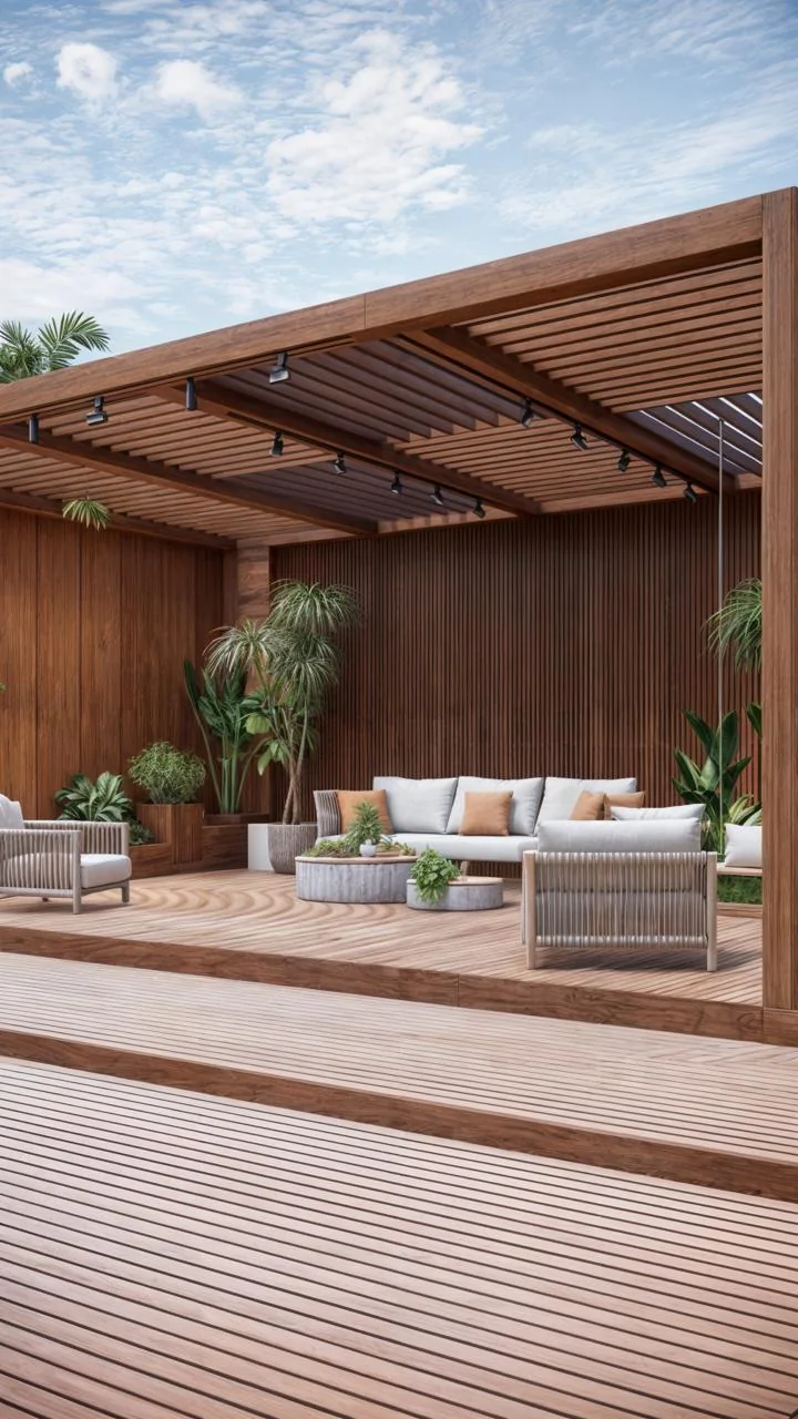 Pergolado junto ao deck, com sofás e vegetação