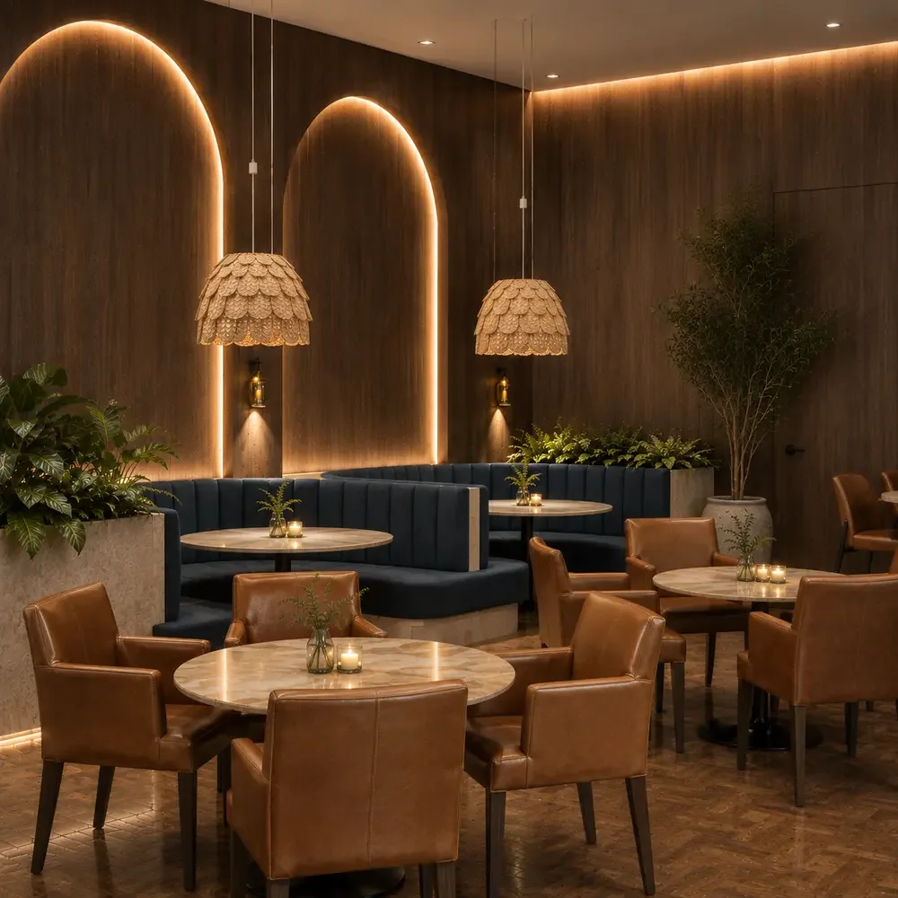 Restaurante com poltronas, mesas e iluminação acolhedora