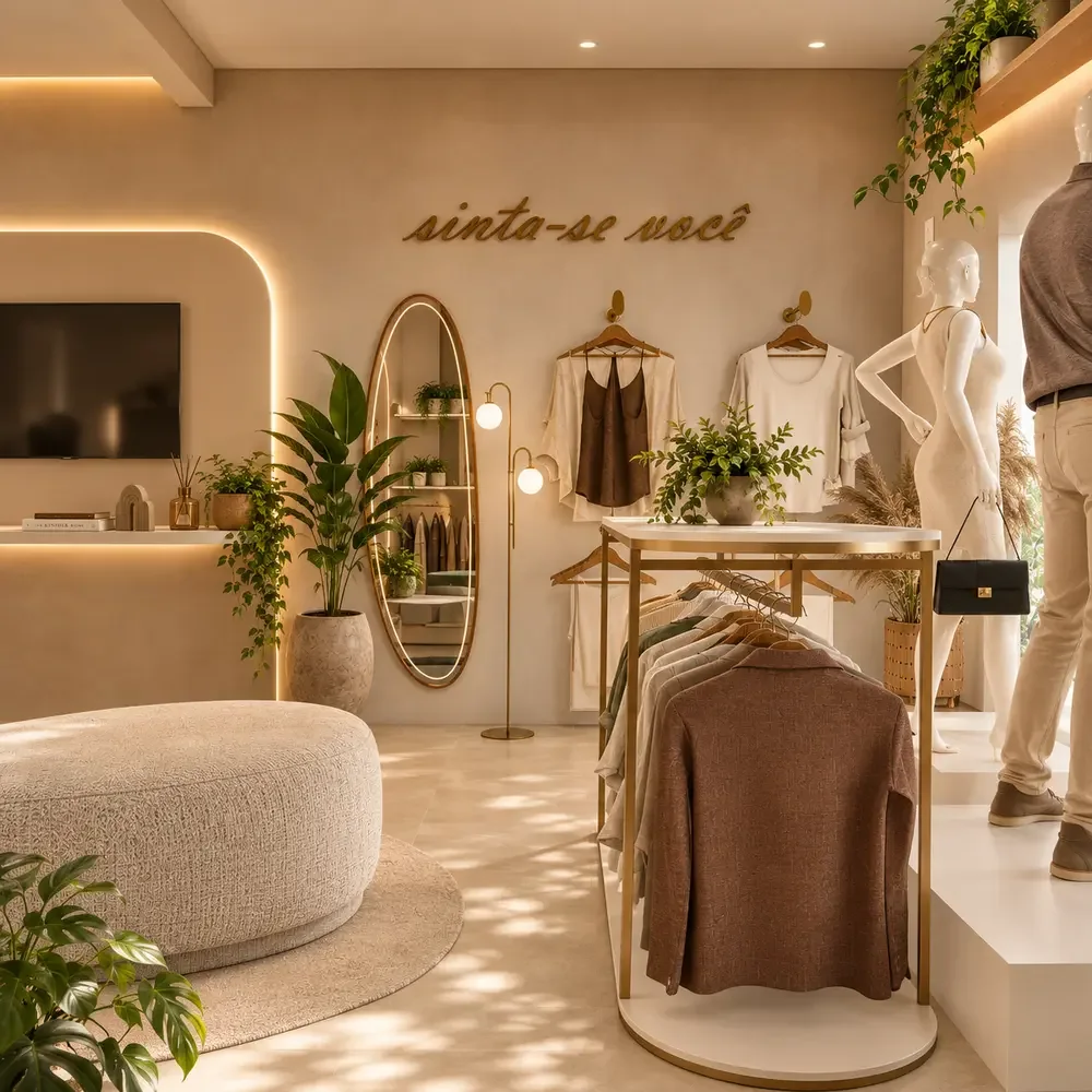 Interior comercial com araras, arcos e iluminação indireta