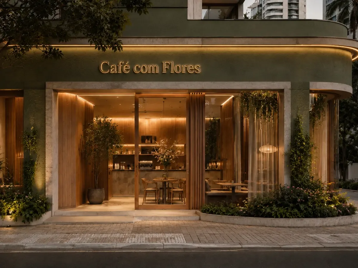 Fachada do Café com Flores com iluminação noturna e vegetação