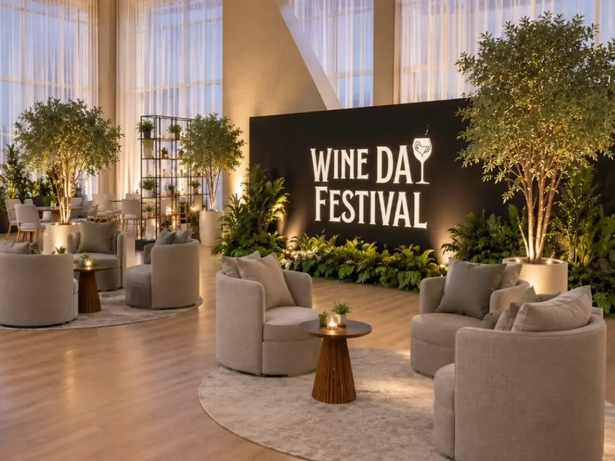 Ambiente para evento com vegetação e iluminação suspensa