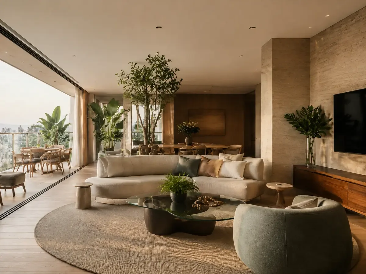 Interior residencial com árvore central e amplas aberturas