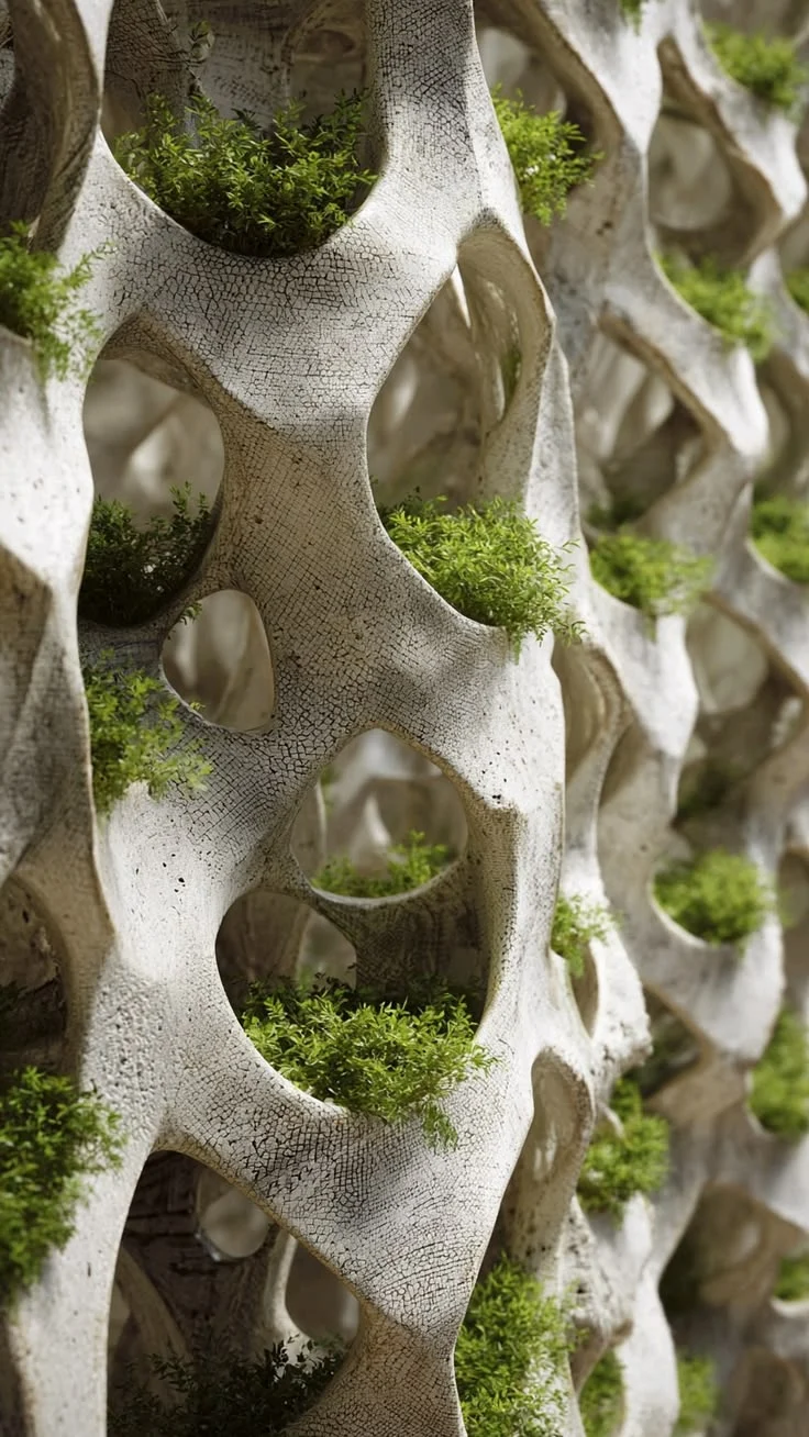 Estrutura orgânica com aberturas curvas e vegetação