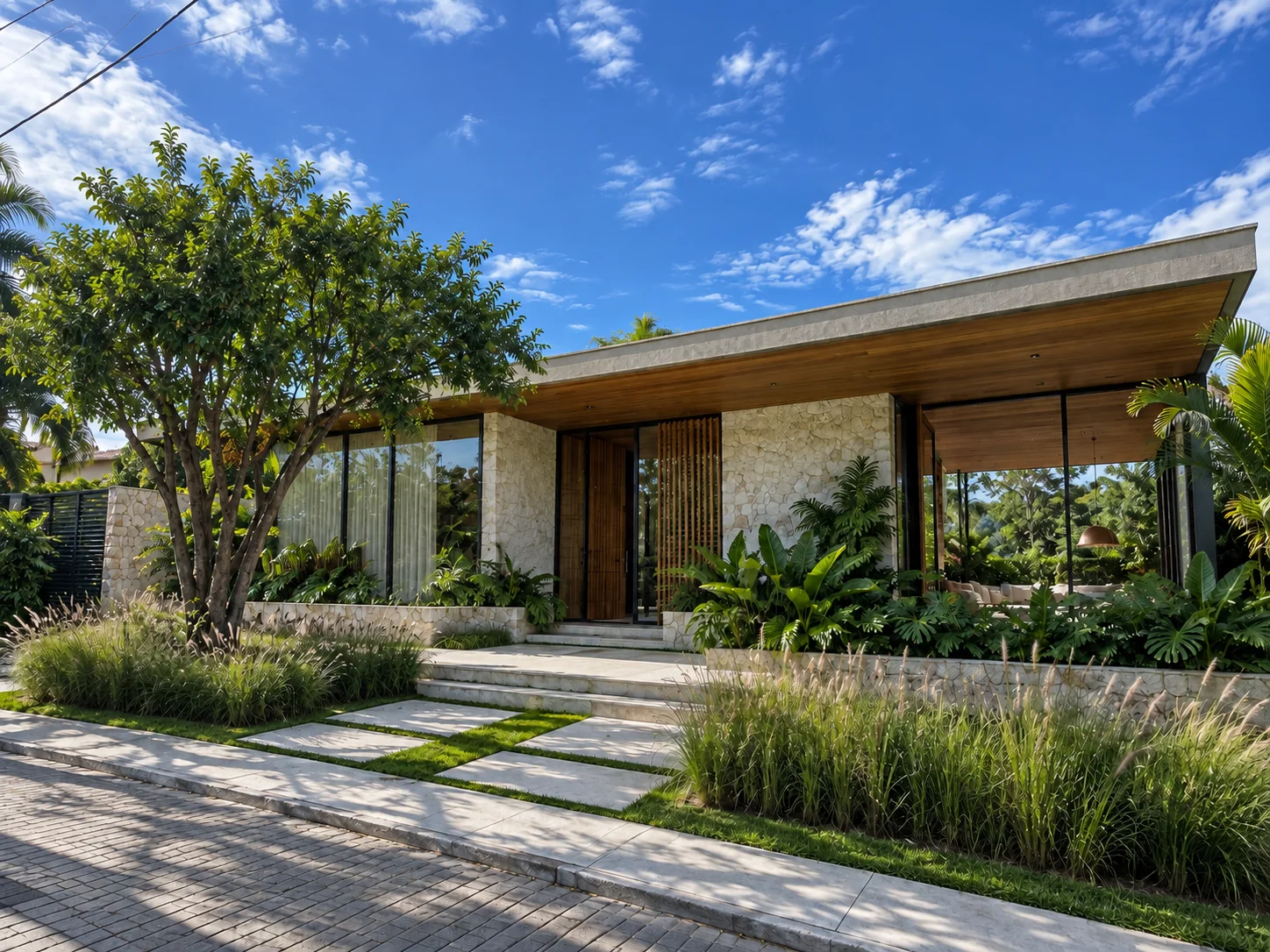 Fachada da Casa Jurerê com jardim, pedra natural e cobertura de madeira