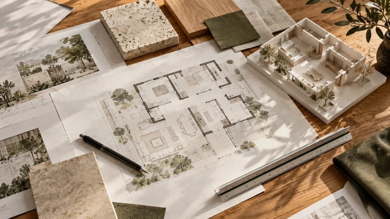 Plantas arquitetônicas, maquete de estudo e amostras de madeira, pedra e tecido sobre mesa — imagem conceitual.