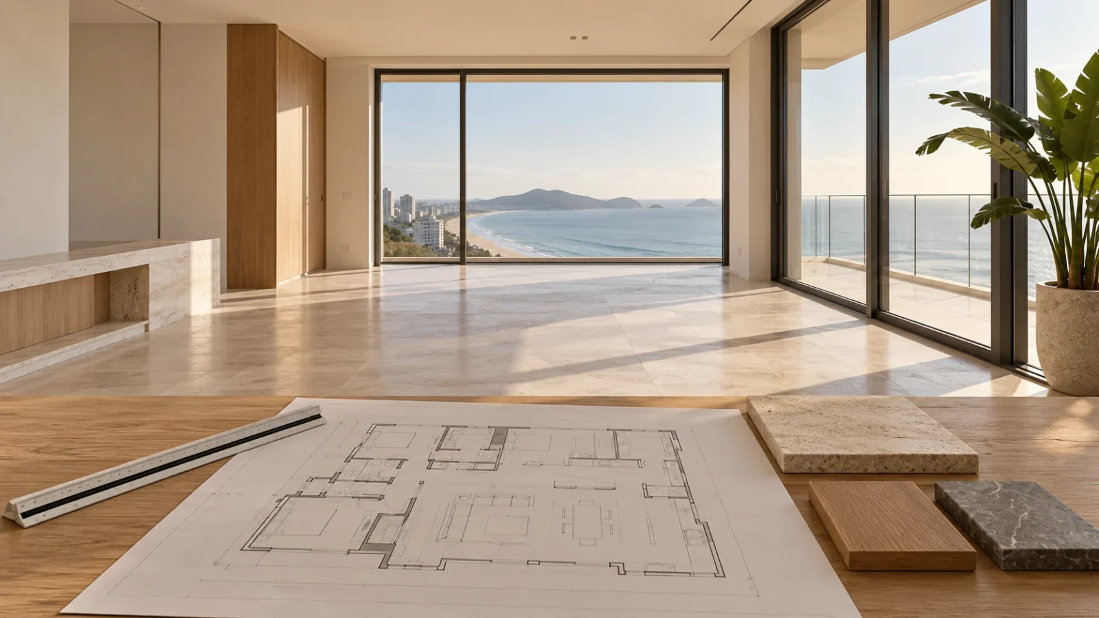 Planta de reforma e amostras de materiais sobre uma mesa em apartamento com vista para o mar — imagem conceitual.